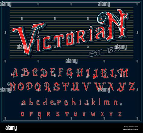 Victorian alphabet in ancient style. Antique old Font for Whiskey label. Vintage typeface in red ...