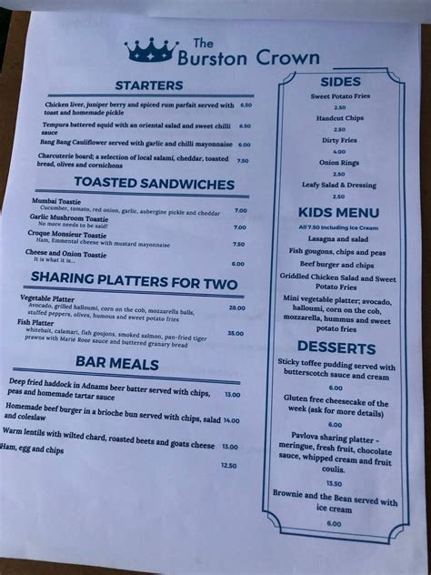 Menu at The Burston Crown pub & bar, Diss