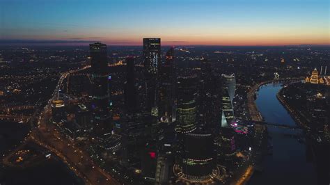 Skyscrapers of Moscow City Business Center and City Skyline in Morning Twilight. Aerial View ...