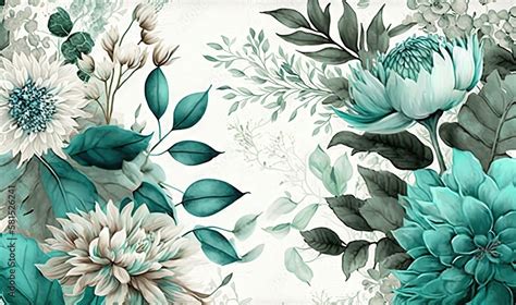 a floral wallpaper with green and white flowers and leaves on a white background with a blue ...