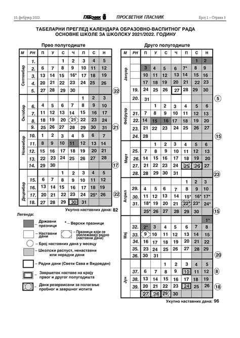 ШКОЛСКИ КАЛЕНДАР – OШ "БРАНКО РАДИЧЕВИЋ"