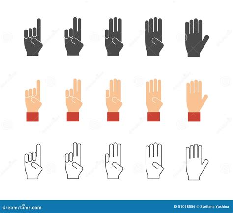 Numbers Hand Signs Set, Detailed Black And White Lines Vector Si ...