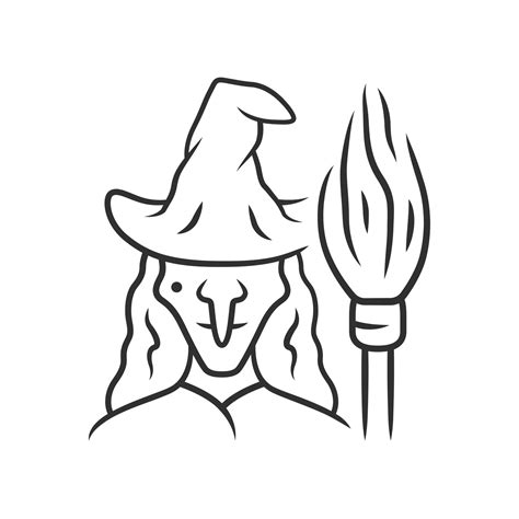 Witch linear icon. Thin line illustration. Wicked sorceress, hag with broomstick. Halloween ...