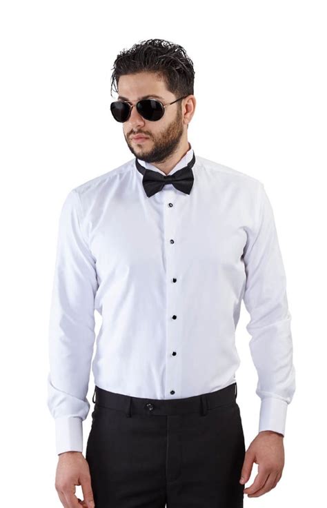 Slim Fit White Wing Tip French Cuff Tuxedo Shirt - ÃZARMAN