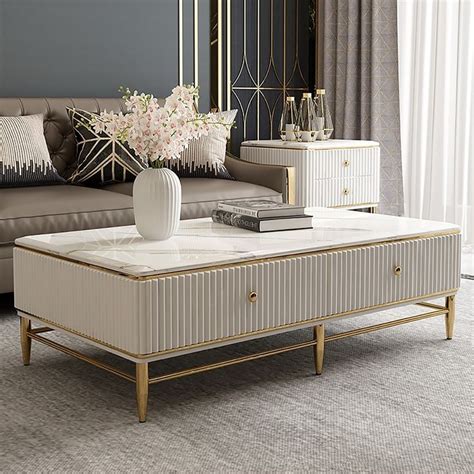 White Faux Marble Rectangle Coffee Table in Gold with Storage 4 Drawers ...