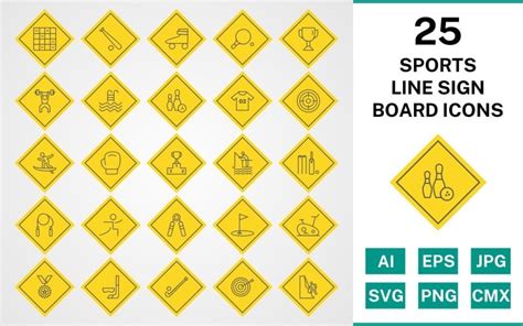 25 Sports And Games Line Sign Board Icon Set