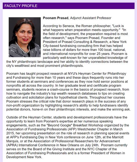 Faculty Profile of Poonam Prasad — Prasad Consulting & Research