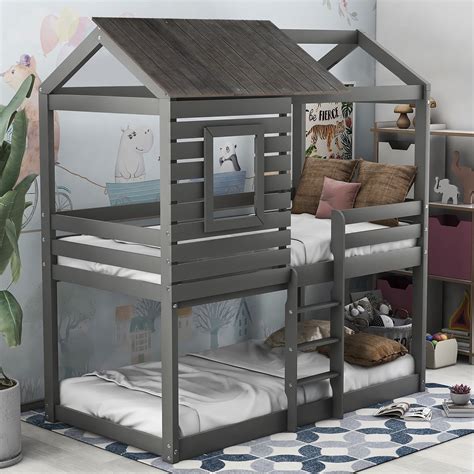 ModernLuxe Twin over Twin Low Bunk Bed with Roof and Guard Rail for ...