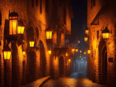 Night Street of Ancient Medieval City, Generative AI Illustration Stock ...