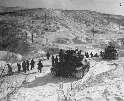 Tanks on Road South of Koto-ri, 1950 "Tanks on the road south of Koto-ri. Note prisoners passing ...