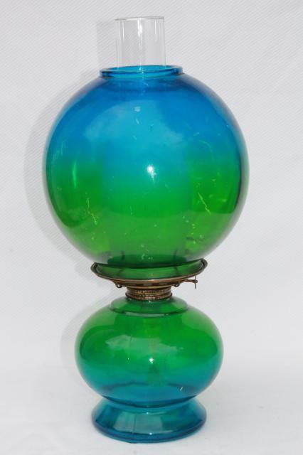 vintage kero oil lamp, gone with the wind parlor lamp w/ blue green tinted glass globe shade