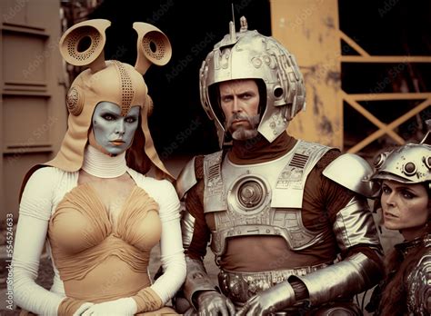 Three science fiction actors in costume on a production set for a retro ...