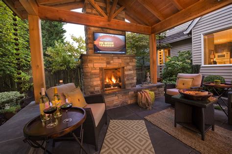 Stone Fireplace w/Seat Walls & TV - Paradise Restored Landscaping | Outdoor fireplace patio ...