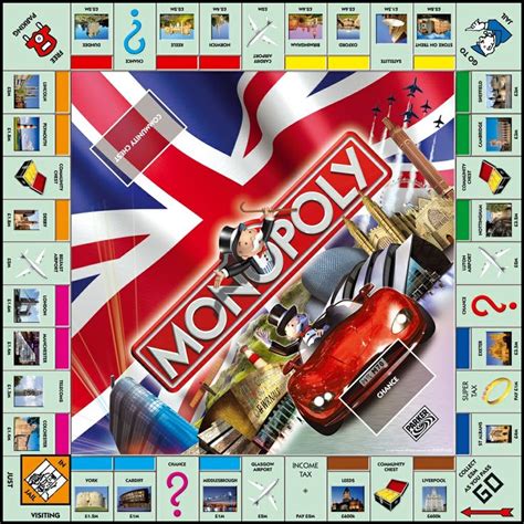 a monopoly board game with the british flag and red sports car on it's side