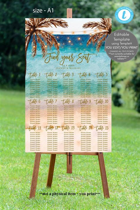 Beach Seating Chart Editable Template, Tropical Seating Chart Sign Editable, Tropical Wedding ...