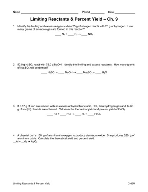 Limiting And Excess Reactant Worksheet