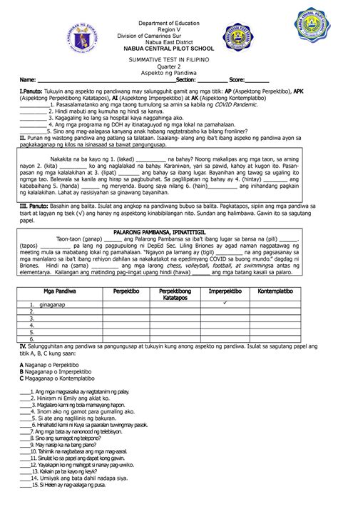 Aspekto ng pandiwa quiz - Department of Education Region V Division of Camarines Sur Nabua East ...