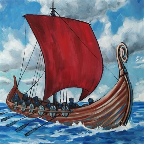 16ч16 Viking Longship with Red Sail painting Viking ship oil | Etsy