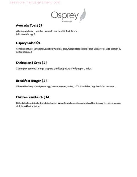 Online Menu of Osprey Restaurant, Spokane, Washington, 99202 - Zmenu