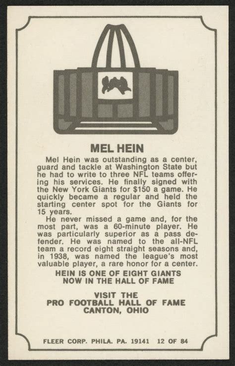 Mel Hein Signed 1975 Fleer Hall of Fame #12 Football Card (JSA ALOA ...