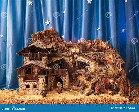 Handmade Crib Nativity Scene. in the Background Starry Silk Sky Stock ...