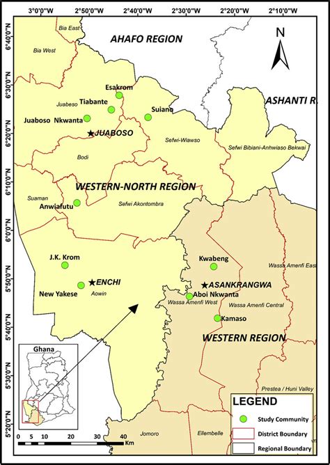 Map of Ghana with the western and western north regions and location of... | Download Scientific ...