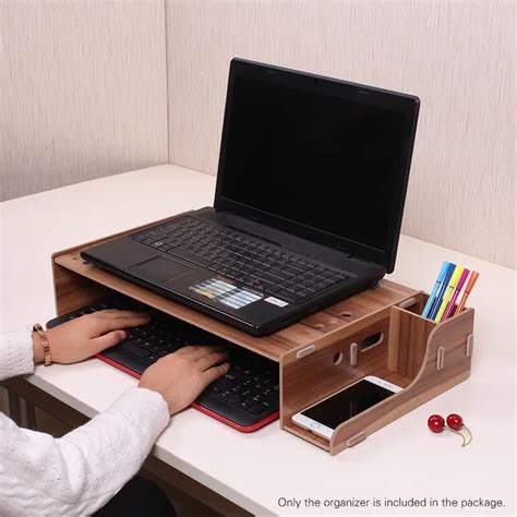 Elevated Wood Computer Monitor Stand Riser Laptop Shelf Desk Organizer with Keyboard Storage ...