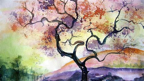 painting, Watercolor, Artwork, Warm, Colors, Nature, Landscape, Trees, Colorful, Hills, Cherry ...