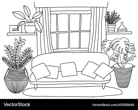 Cozy living room coloring page Royalty Free Vector Image