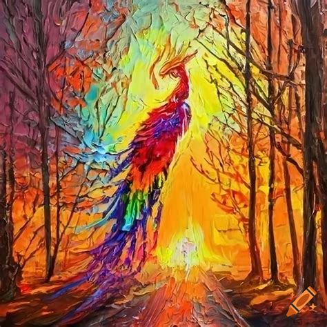Knife palette painting of a rainbow phoenix in a forest on Craiyon