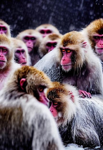 Premium Photo | Wild snow monkeys in winter against a background of falling snow