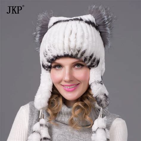 women warm winter fur hat natural rex rabbit fur hat cute fox fur ear ...