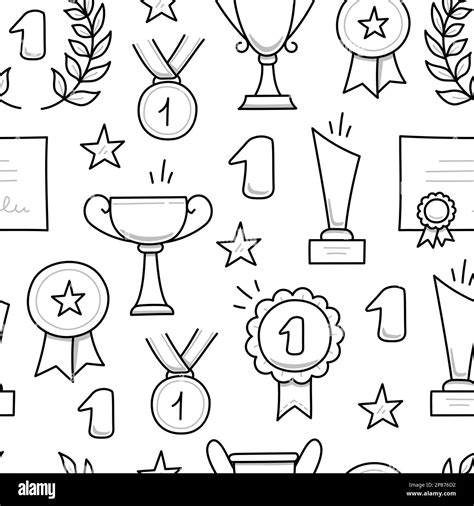 Award doodle hand drawn seamless pattern. Winner trophy cup, champion medal, win certificate ...