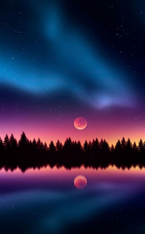 Colorful, night, stars, silhouette, lake, reflections, 950x1534 wallpaper | Night scenery, Moon ...