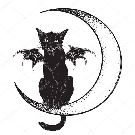 Black Cat Bat Wings Sitting Crescent Moon Isolated Line Art — Stock Vector © Croisy #211877328