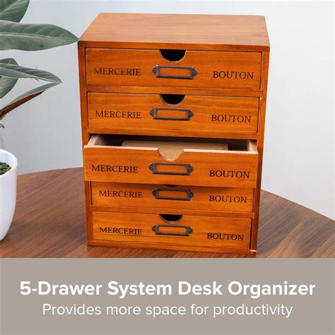 5-Drawer Desk Organizer - Vintage Wooden Storage Box w/ 5 Wide Storage Drawers - Rustic Shelf ...