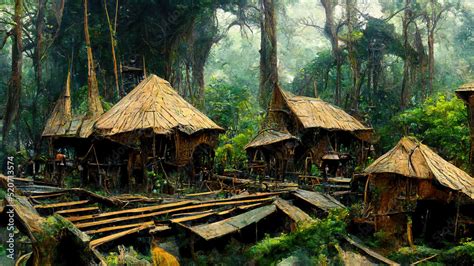 Aboriginal Indian village in the tropical jungle, bamboo houses. 3d ...