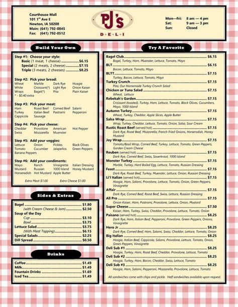 Menu at Pj's Deli restaurant, Newton