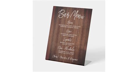 Rustic Wedding Drink Menu Personalized Bar Pedestal Sign | Zazzle