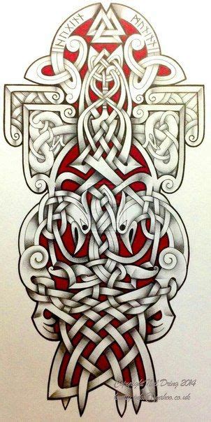 a celtic cross tattoo design with red and white ink