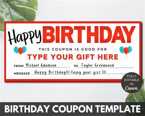 Birthday Gift Coupon Template Custom Birthday Gift - Etsy