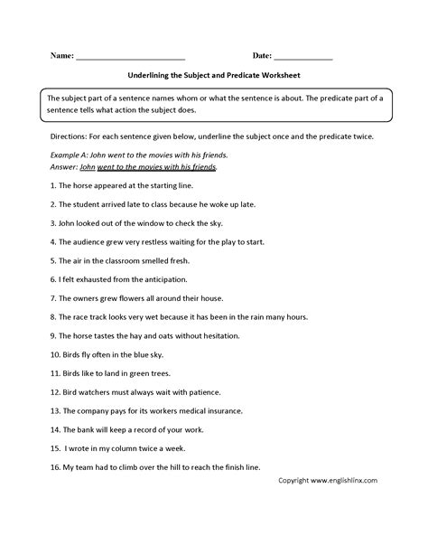 Parts Of A Sentence Worksheet