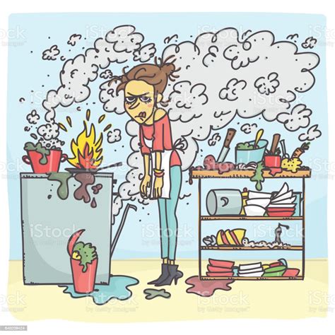 Woman In Messy Kitchen Stock Illustration - Download Image Now - Anger, Chef, Cooking - iStock