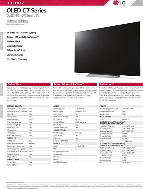 LG OLED65C7P User Manual Specification OLED C7 Series Spec Sheet