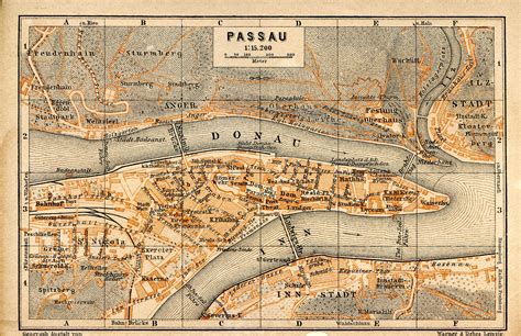 an old map of the city of passau in france, with rivers running through it