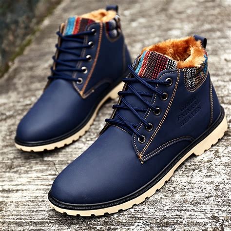 Men Winter Boots Waterproof Fashion Blue Boots with Fur Warm Lace Up ...