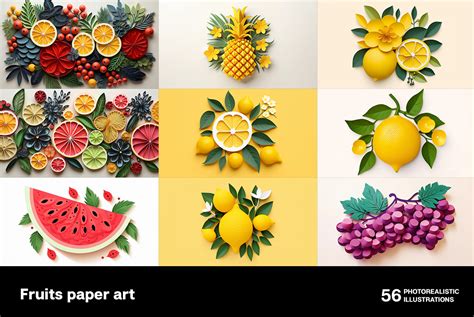 Fruits paper art on Yellow Images Creative Store