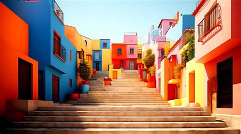 Premium AI Image | A set of stairs leading up to a colorful buildings