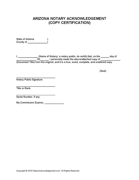 Free Arizona Notarial Certificate - Copy Certification - PDF - Word