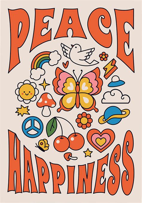 Peace & Happiness retro illustration poster. Shop posters online ...